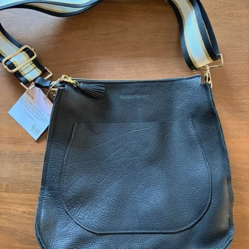 Designed For Joy Amina Black Leather Crossbody Bag with Striped Strap